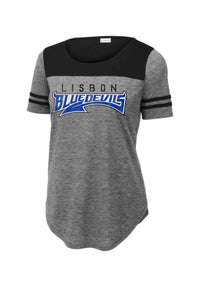 Lisbon Blue Devils Tail Distressed Ladies PosiCharge Tri-Blend Wicking Fan Tee