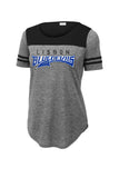 Lisbon Blue Devils Tail Distressed Ladies PosiCharge Tri-Blend Wicking Fan Tee