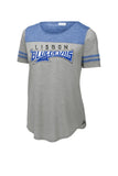 Lisbon Blue Devils Tail Distressed Ladies PosiCharge Tri-Blend Wicking Fan Tee