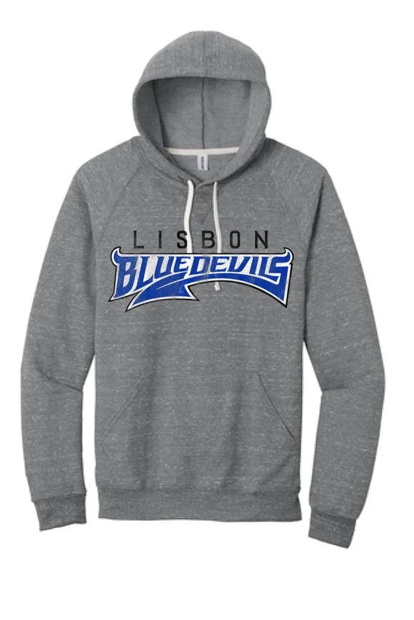 Lisbon Blue Devils Tail Distressed Jerzees Snow Heather French Terry Raglan Hoodie