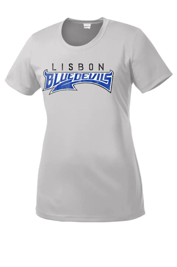 Lisbon Blue Devils Tail Distressed Ladies PosiCharge Competitor Tee