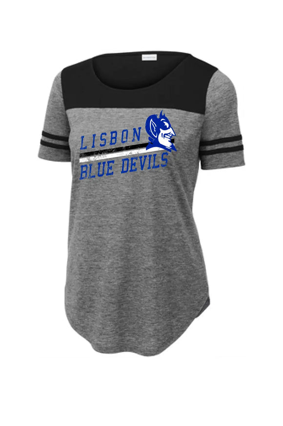 Lisbon Blue Devils Rising Distressed Ladies PosiCharge Tri-Blend Wicking Fan Tee