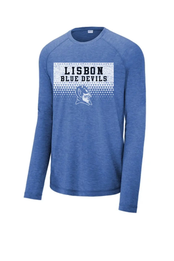 Lisbon Blue Devils Triangles Distressed Long Sleeve Tri-Blend Wicking Raglan Tee