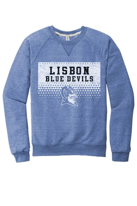 Lisbon Blue Devils Triangles Distressed Jerzees Snow Heather French Terry Raglan Crew