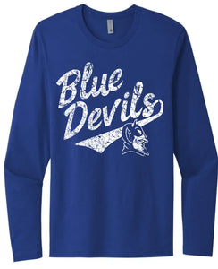 Lisbon Blue Devils Script Distressed Next Level Cotton Long Sleeve Tee