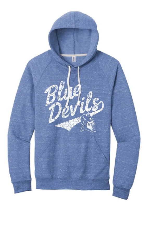 Lisbon Blue Devils Script Distressed Jerzees Snow Heather French Terry Raglan Hoodie