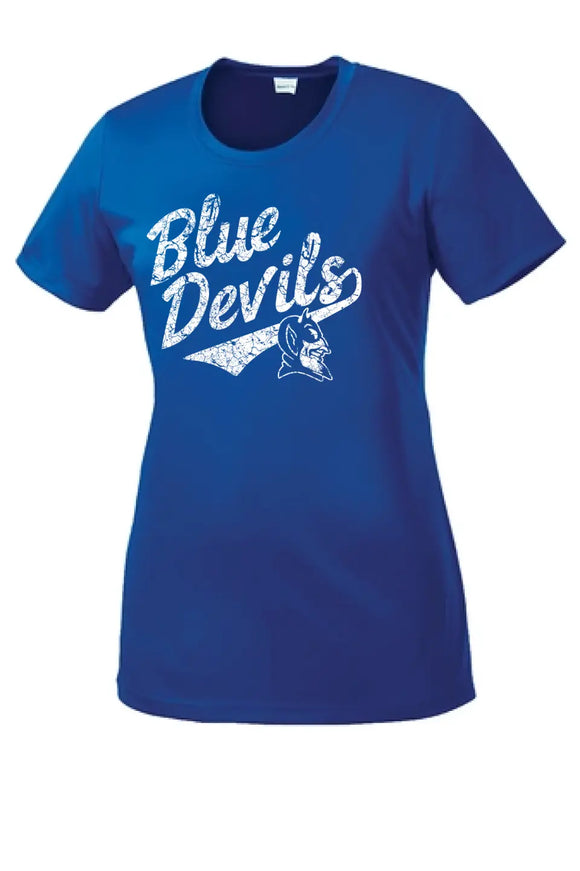 Lisbon Blue Devils Script Distressed Ladies PosiCharge Competitor Tee