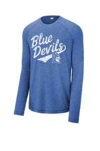 Lisbon Blue Devils Script Distressed Long Sleeve Tri-Blend Wicking Raglan Tee