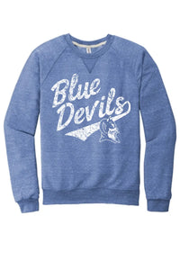 Lisbon Blue Devils Script Distressed Jerzees Snow Heather French Terry Raglan Crew