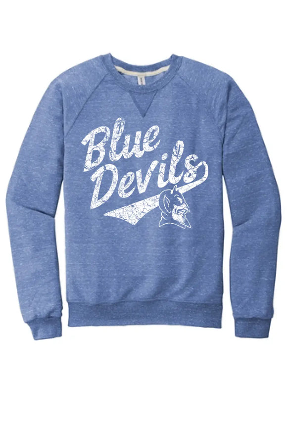 Lisbon Blue Devils Script Distressed Jerzees Snow Heather French Terry Raglan Crew