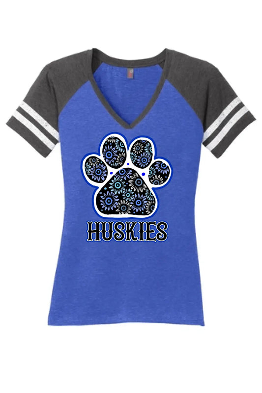Huskies Flower Paw Women's Game V-Neck Tee