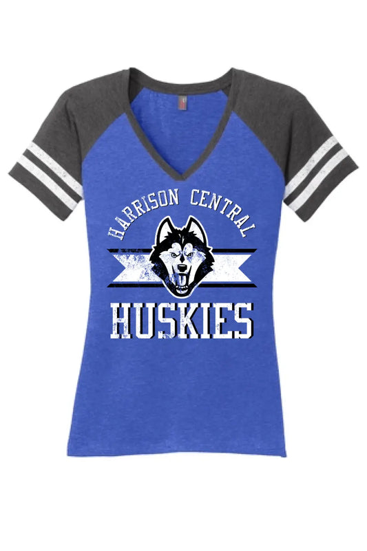 Harrison Central Distressed on Royal Women's Game V-Neck Tee