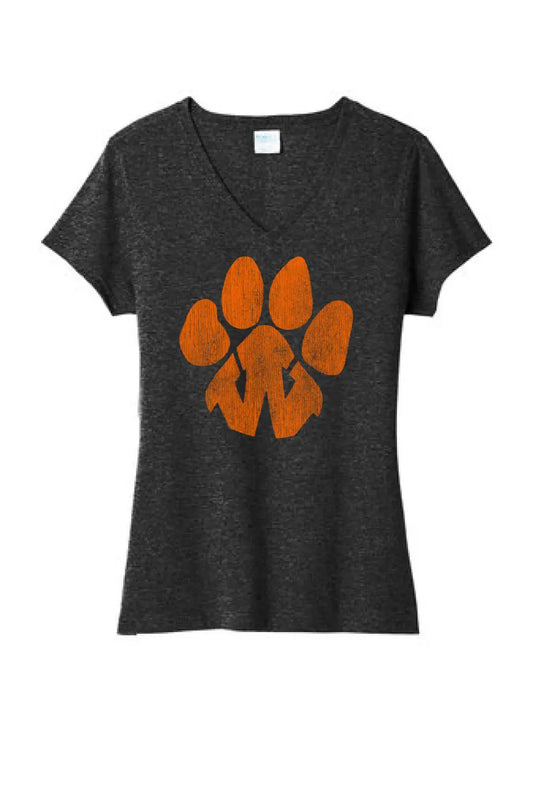 Wellsville Distressed Tiger Paw Logo Ladies Tri-Blend V-Neck Tee