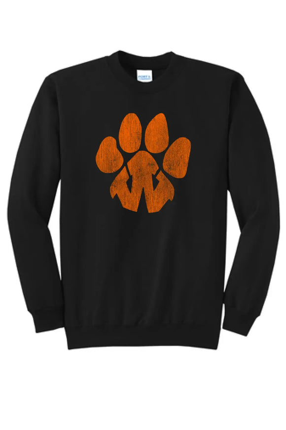 Wellsville Distressed Tiger Paw Logo Core Fleece Crewneck Sweatshirt