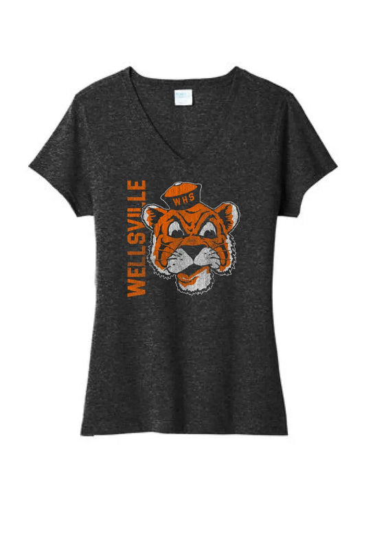 Wellsville Distressed Vintage Tiger Logo Ladies Tri-Blend V-Neck Tee