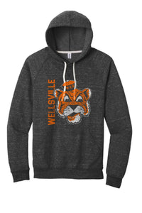 Wellsville Distressed Vintage Tiger Logo Jerzees Snow Heather French Terry Raglan Hoodie