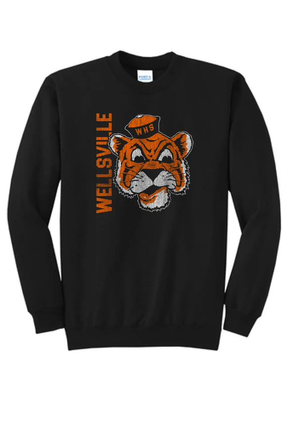 Wellsville Distressed Vintage Tiger Logo Core Fleece Crewneck Sweatshirt