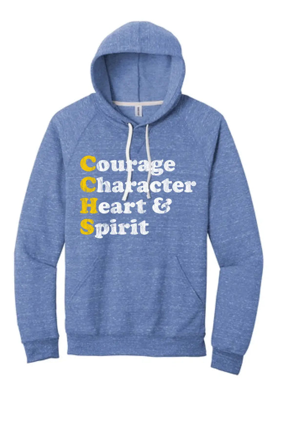 Steubenville Catholic Central Courage Character Heart Spirit Jerzees Snow Heather French Terry Raglan Hoodie