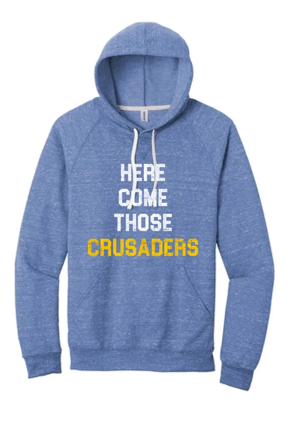 Steubenville Catholic Central Distressed Here Come Those Crusaders Jerzees Snow Heather French Terry Raglan Hoodie