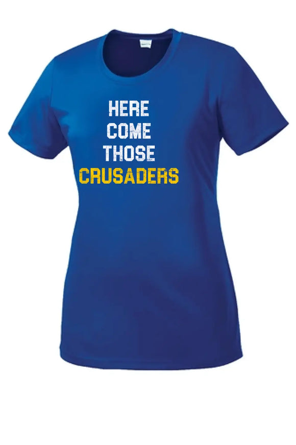 Steubenville Catholic Central Distressed Here Come Those Crusaders Ladies Competitor Tee