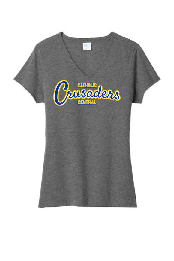 Steubenville Catholic Central Distressed Crusaders Script Ladies Tri-Blend V-Neck Tee