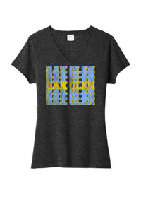 Oak Glen Distressed Repeating Ladies Tri-Blend V-Neck Tee