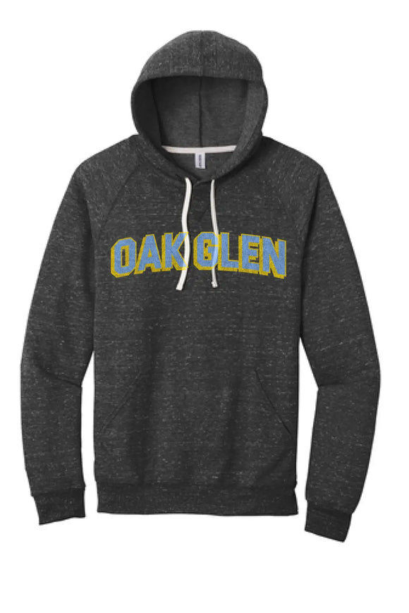 Oak Glen Distressed Letters Snow Heather French Terry Raglan Hoodie