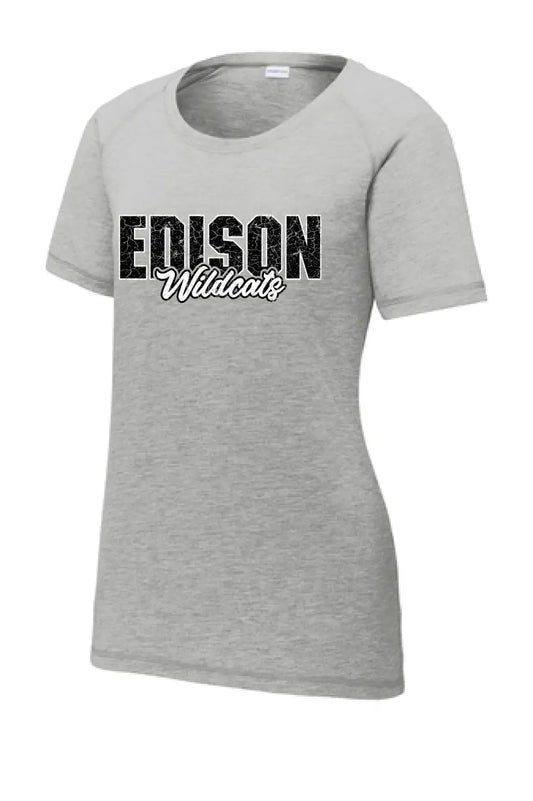 Edison Cracked Ladies PosiCharge Tri-Blend Wicking Scoop Neck Raglan Tee