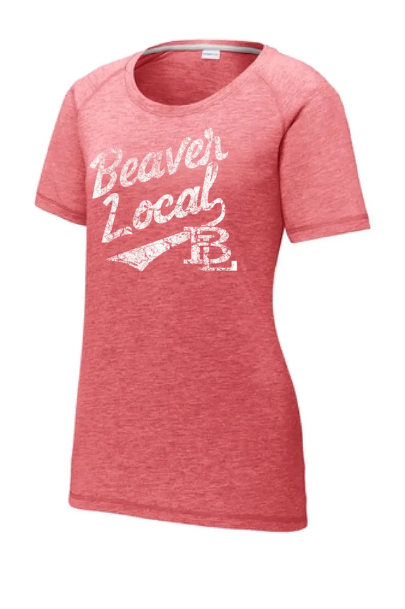 Beaver Local Script Distressed Ladies PosiCharge Tri-Blend Wicking Scoop Neck Raglan Tee