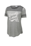 Beaver Local Script Distressed Ladies PosiCharge Tri-Blend Wicking Fan Tee