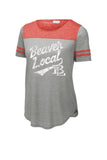 Beaver Local Script Distressed Ladies PosiCharge Tri-Blend Wicking Fan Tee