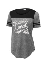 Beaver Local Script Distressed Ladies PosiCharge Tri-Blend Wicking Fan Tee