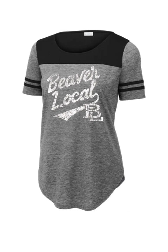 Beaver Local Script Distressed Ladies PosiCharge Tri-Blend Wicking Fan Tee