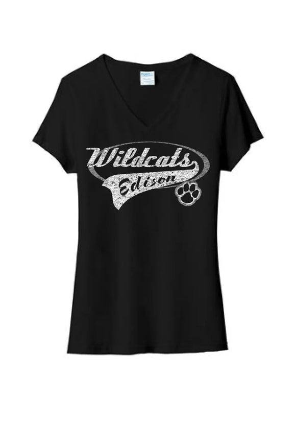 Edison Wildcats Tail Ladies Tri-Blend V-Neck Tee