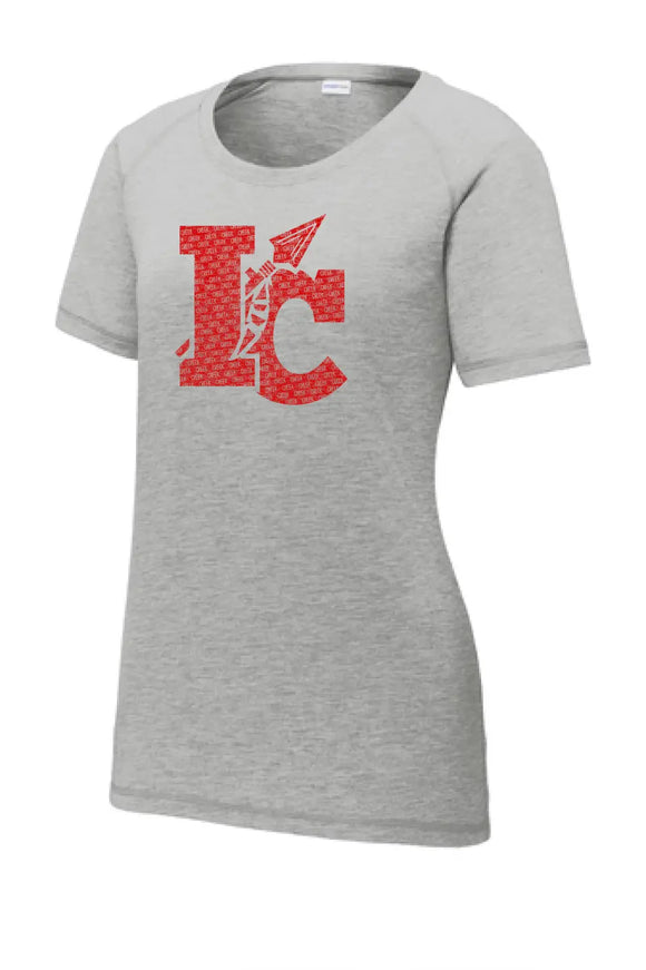 Indian Creek Distressed IC Text Ladies PosiCharge Tri-Blend Wicking Scoop Neck Raglan Tee