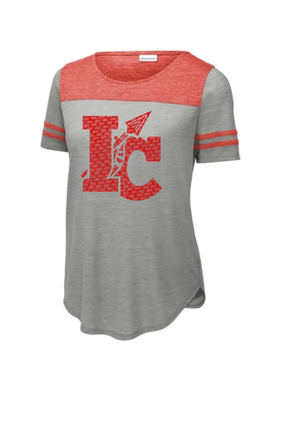 Indian Creek Distressed IC Text Ladies PosiCharge Tri-Blend Wicking Fan Tee