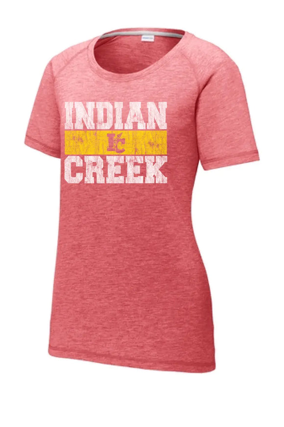 Indian Creek Distressed Block Ladies PosiCharge Tri-Blend Wicking Scoop Neck Raglan Tee