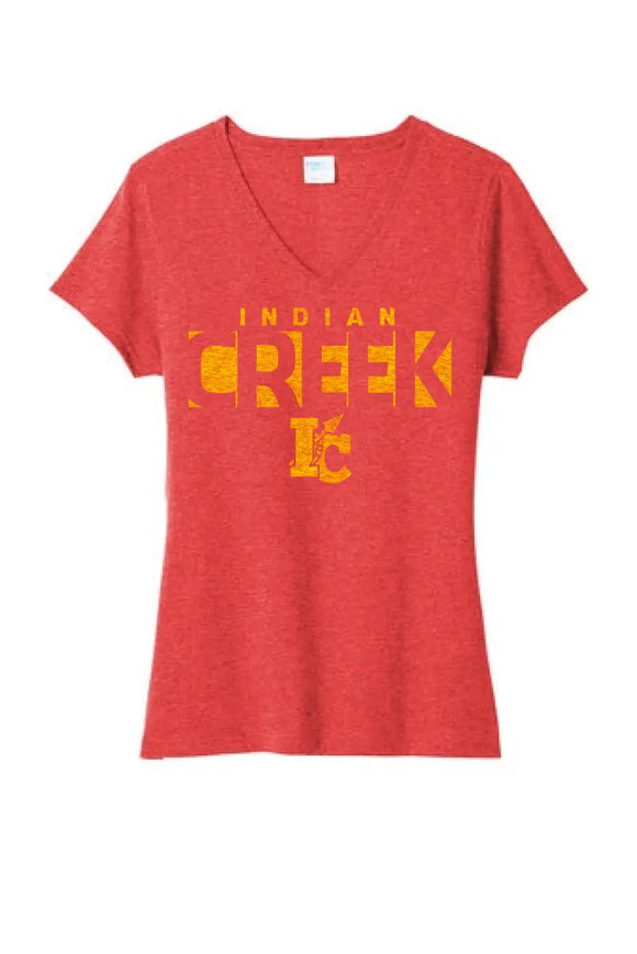 Indian Creek Distressed Background Ladies Tri-Blend V-Neck Tee