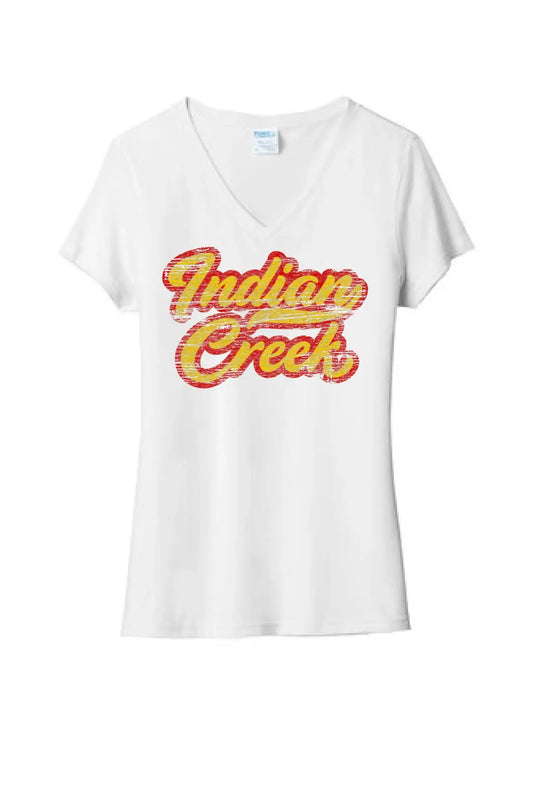 Indian Creek Distressed Script Tail Ladies Tri-Blend V-Neck Tee