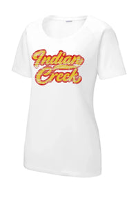 Indian Creek Distressed Script Tail Ladies PosiCharge Tri-Blend Wicking Scoop Neck Raglan Tee