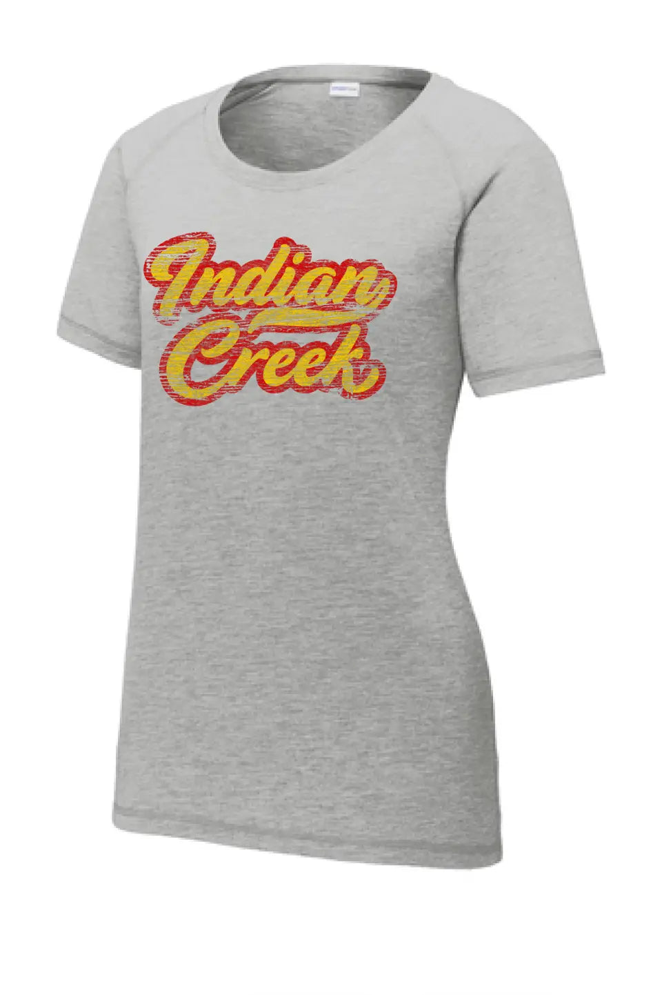 Indian Creek Distressed Script Tail Ladies PosiCharge Tri-Blend Wicking Scoop Neck Raglan Tee