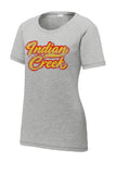 Indian Creek Distressed Script Tail Ladies PosiCharge Tri-Blend Wicking Scoop Neck Raglan Tee