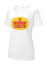 Indian Creek Distressed Badge Ladies PosiCharge Tri-Blend Wicking Scoop Neck Raglan Tee