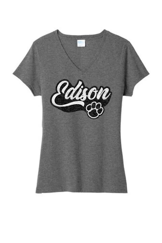 Edison Paw Script Ladies Tri-Blend V-Neck Tee