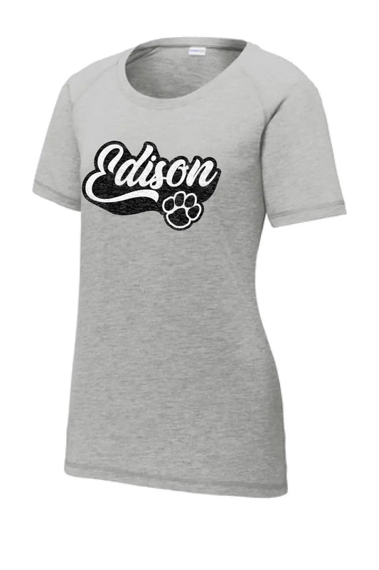 Edison Paw Script Ladies PosiCharge Tri-Blend Wicking Scoop Neck Raglan Tee