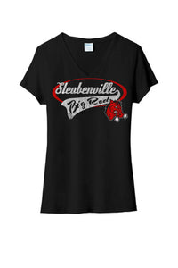 Steubenville Big Red Distressed Oval Script Ladies Tri-Blend V-Neck Tee