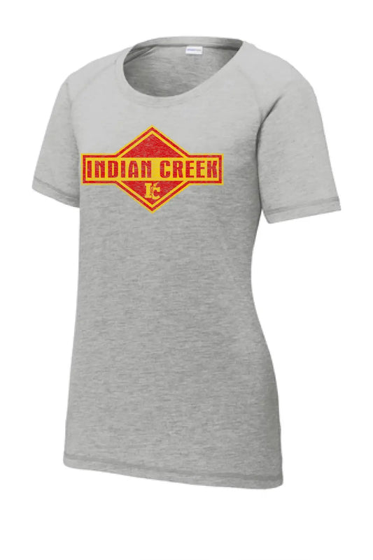 Indian Creek Distressed Flash Ladies PosiCharge Tri-Blend Wicking Scoop Neck Raglan Tee