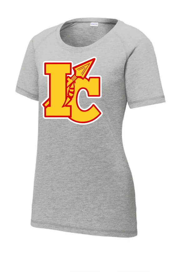 Indian Creek Logo on Gray Ladies PosiCharge Tri-Blend Wicking Scoop Neck Raglan Tee