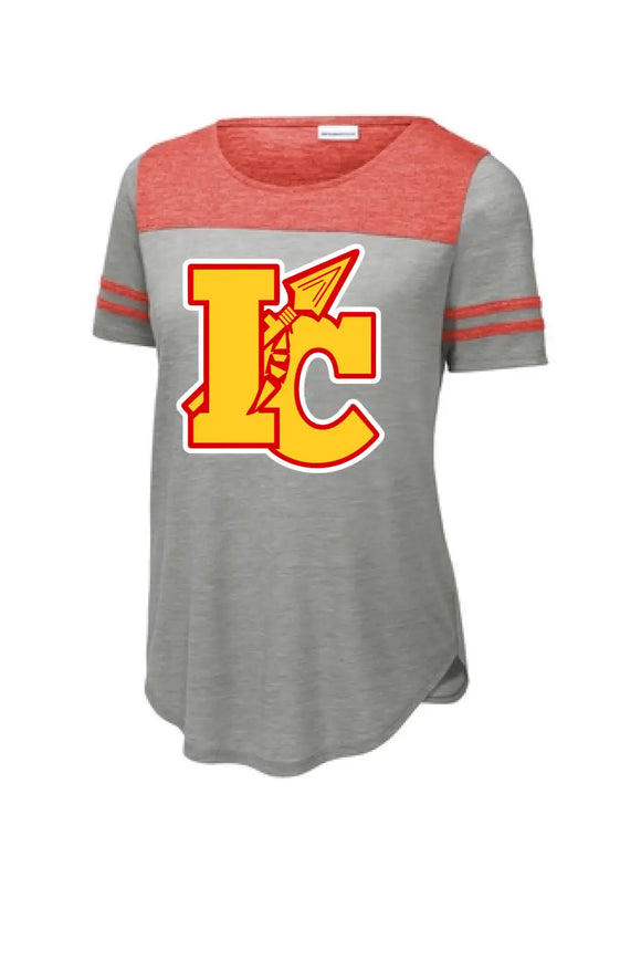 Indian Creek Logo on Gray Ladies PosiCharge Tri-Blend Wicking Fan Tee