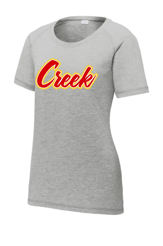 Indian Creek Script Ladies PosiCharge Tri-Blend Wicking Scoop Neck Raglan Tee